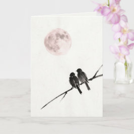 Tarjeta de arte Pájaros bajo la luna sonrosada