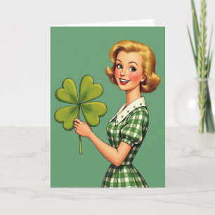 Tarjeta de arte pop retro de rubia afortunada