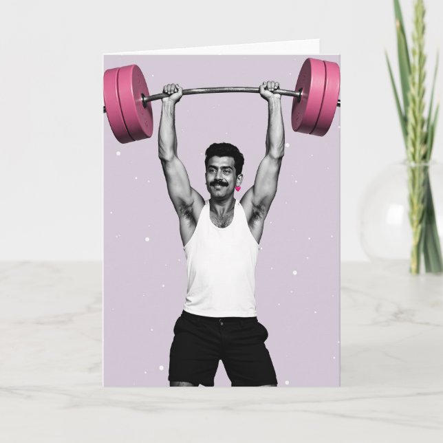 Tarjeta de arte pop rosa de hombre fuerte (Anverso)