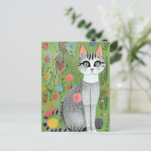 Tarjeta de arte popular para gato en flores