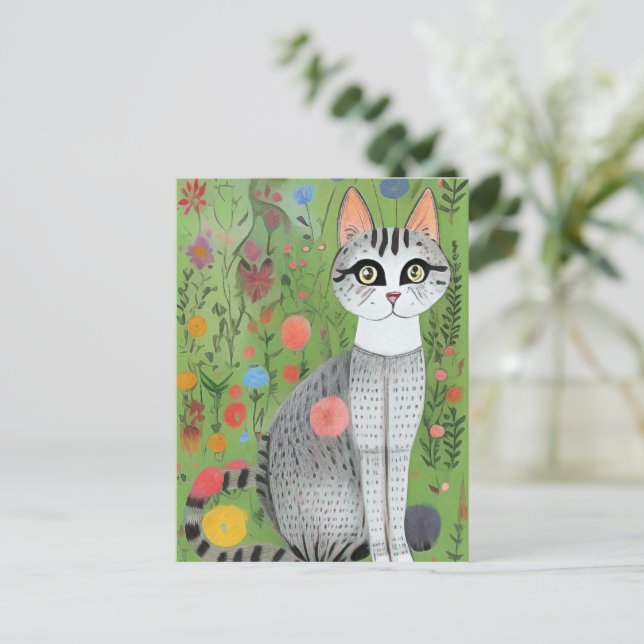 Tarjeta de arte popular para gato en flores (Anverso de pie)