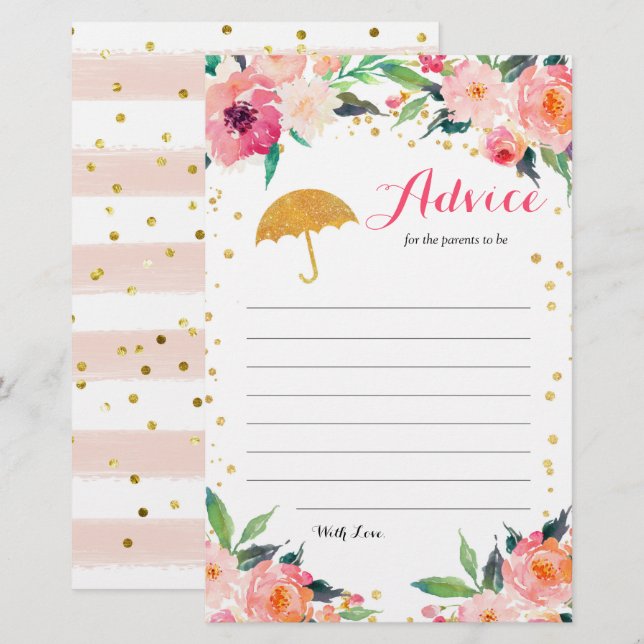 Tarjeta de asesoramiento Baby Shower Gold Floral A (Anverso / Reverso)