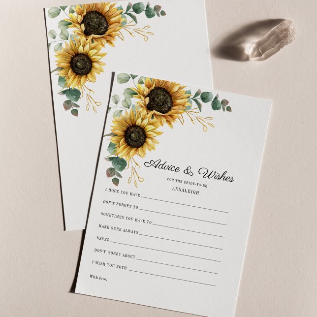 Tarjeta de asesoramiento para ducha de novia Sunfl (Floral Watercolor Sunflower Eucalyptus Greenery Wedding Wishes and Advice Card)