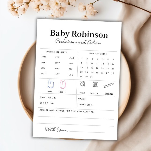 Tarjeta de asesoramiento y predicciones de Baby Sh (Custom Baby Shower Predictions and Advice Card)