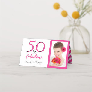 Tarjeta De Asiento 50 & Fabuloso Foto Rosa Chevron Blanco Fiesta