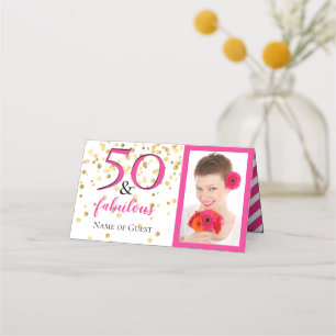 Tarjeta De Asiento 50 y fabuloso foto rosa chevron blanco dorado fies