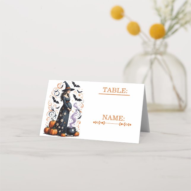 Tarjeta De Asiento A Baby is Brewing Halloween Baby Shower (Anverso)