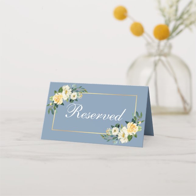 Tarjeta De Asiento Acuarela Amarillo Floral Boda Gold Reservado (Reverso)