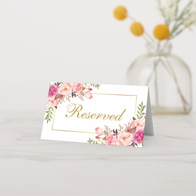 Tarjeta De Asiento Acuarela Boda de oro floral rosa reservada (Anverso)