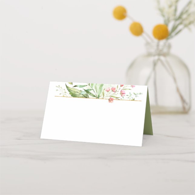 Tarjeta De Asiento Acuarela Botánica Green Leaves Flores Rosa | (Anverso)