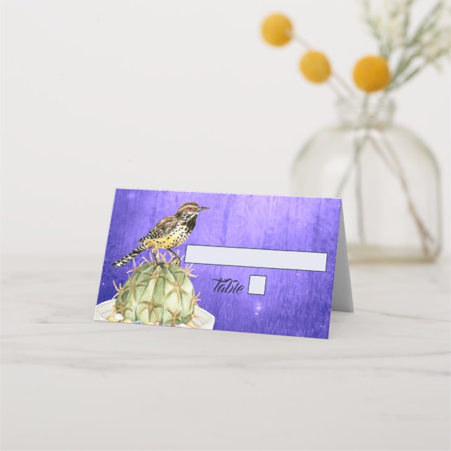Tarjeta De Asiento Acuarela Cactus con Boda de pájaro Wren (Anverso)