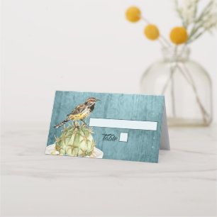 Tarjeta De Asiento Acuarela Cactus con Boda de pájaro Wren