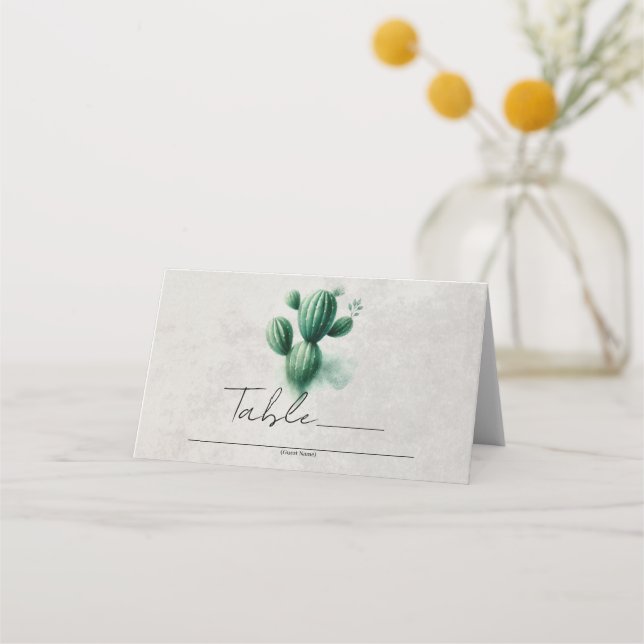 Tarjeta De Asiento Acuarela Cactus Verde Gris Boda Número de tabla (Anverso)