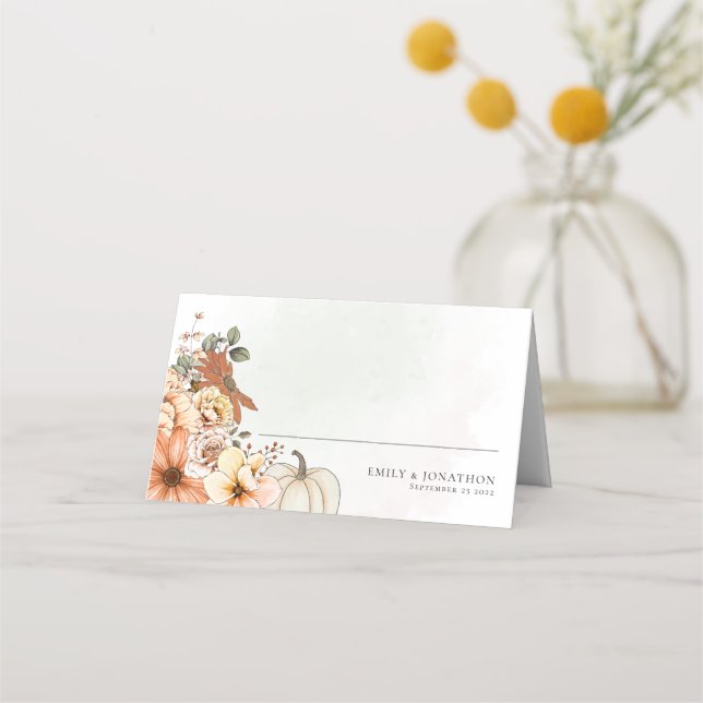 Tarjeta De Asiento Acuarela Caída Calabaza Floral Nombres Boda de fec (Anverso)