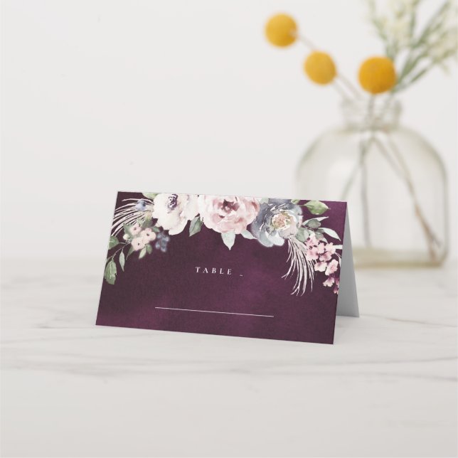 Tarjeta De Asiento Acuarela de ciruela y boda de boho floral rosa pol (Anverso)