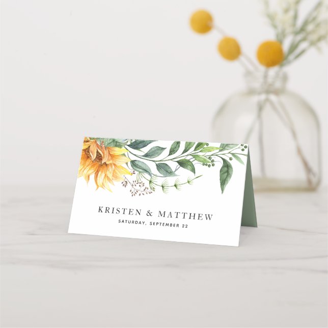 Tarjeta De Asiento Acuarela de girasol Boda botánico moderno (Reverso)