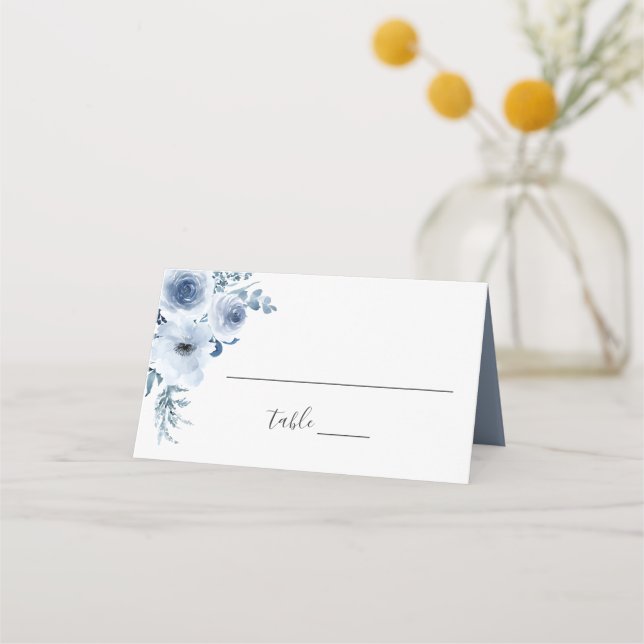 Tarjeta De Asiento Acuarela Dusty Azul Bohemio Boda floral (Anverso)