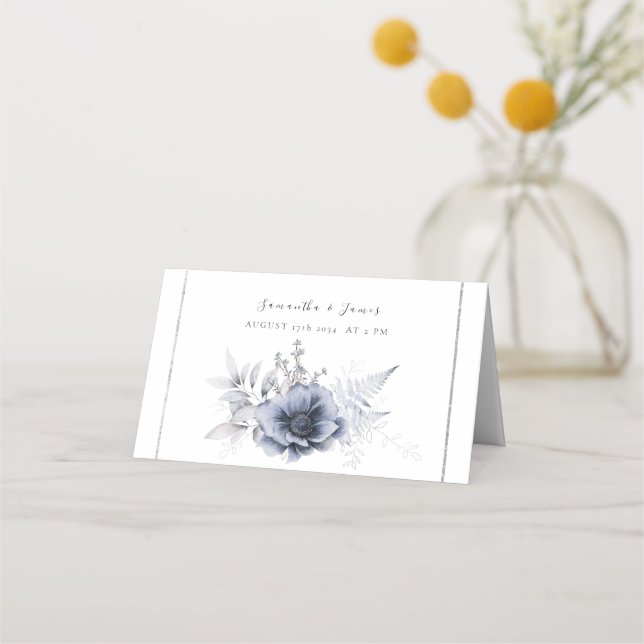 Tarjeta De Asiento Acuarela Dusty Azul Floral Bohemiana (Anverso)