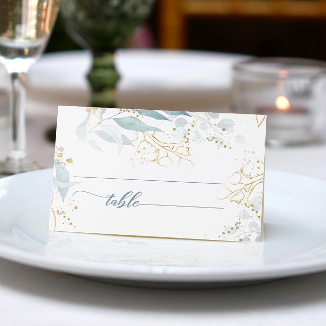 Tarjeta De Asiento Acuarela Dusty Floral Azul Boho Elegante Boda (Elegant dusty blue greenery with gold accent makes this the perfect place card for your boho wedding)