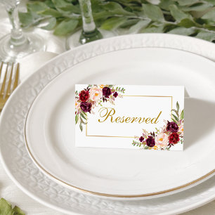 Tarjeta De Asiento Acuarela Floral Borgoña Boda Gold Reservado