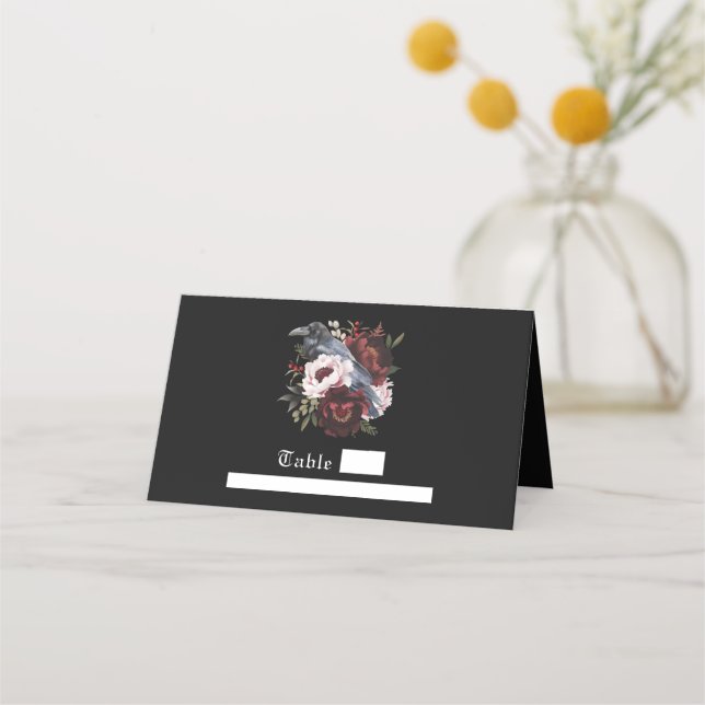 Tarjeta De Asiento Acuarela gótica Raven Boda floral (Anverso)