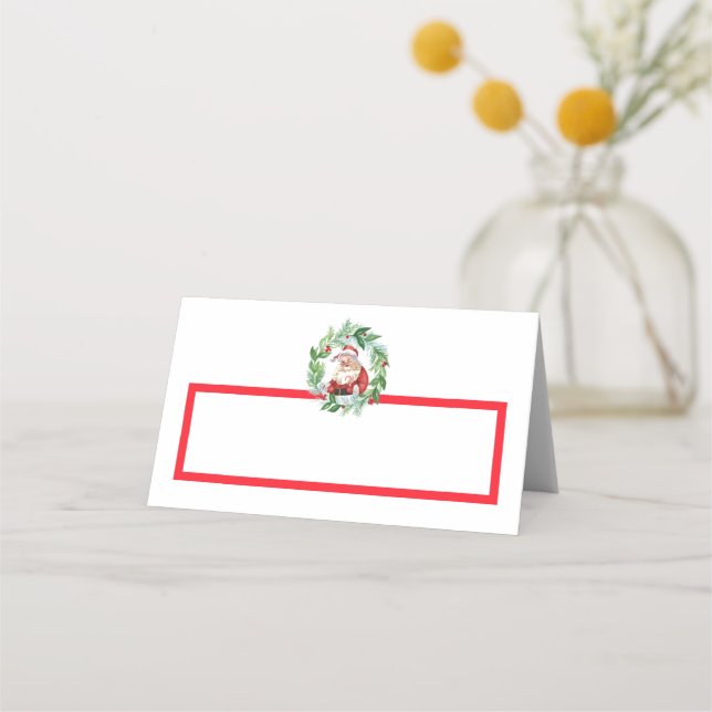 Tarjeta De Asiento Acuarela Retro Santa Rojo Cuadros Navidad (Anverso)
