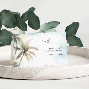 Tarjeta De Asiento Acuarela Tropical Beach Palm Trees Boda