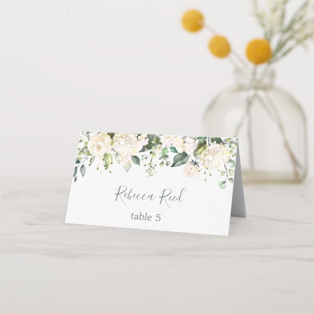 Tarjeta De Asiento Acuarela verde, rosas crema Mesa de boda (Reverso)