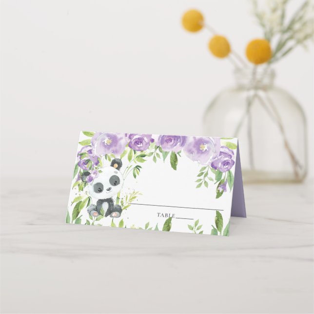Tarjeta De Asiento Adorable Panda Purple Floral Greeneration Baby Sho (Anverso)