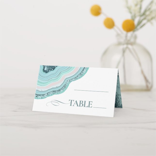 Tarjeta De Asiento Agate Geode Boda Tabla de Purpurinas Verde azulada (Anverso)