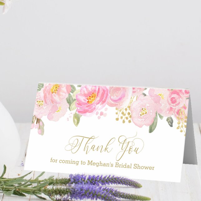 Tarjeta De Asiento Agradecimiento Floral de Caligrafía en Rosa y Dora (Mini thank you card from my Pink and Gold Watercolor Floral Collection)
