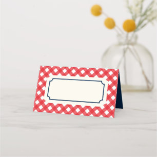 Tarjeta De Asiento Agregar el texto rojo de Gingham con borde azul