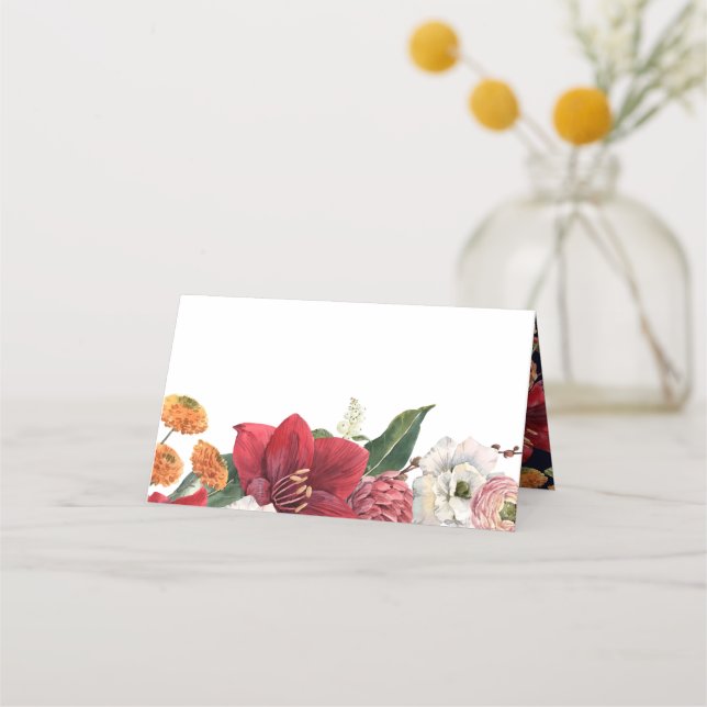 Tarjeta De Asiento Amaryllis y crisantemo Boda botánico (Anverso)