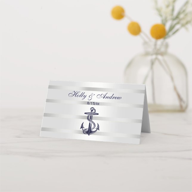 Tarjeta De Asiento Ancla Azul Náutico Blanco Plata (Anverso)