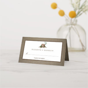 Tarjeta De Asiento Árbol de Monograma Rústico y Boda de Arpillera