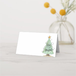 Tarjeta De Asiento Árbol navideño color agua Feliz Navidad  Vacacione