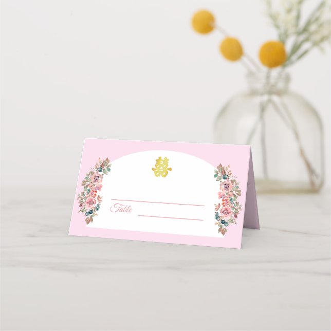 Tarjeta De Asiento Arco floral blanco rosa boda chino doble xi (Anverso)