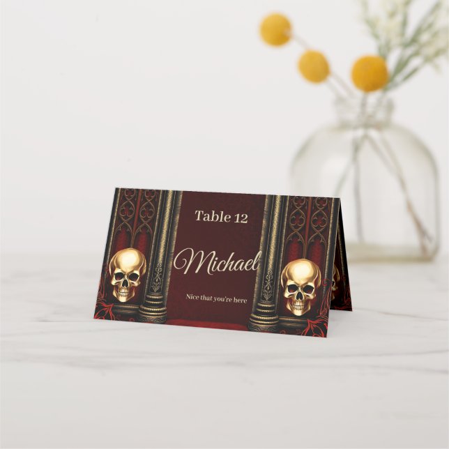 Tarjeta De Asiento Arco gótico con calaveras. (Anverso)