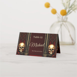 Tarjeta De Asiento Arco gótico con calaveras.
