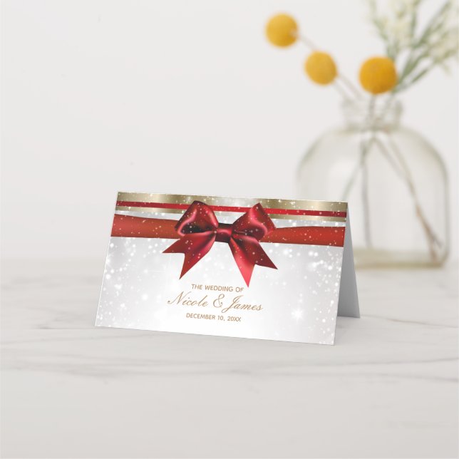 Tarjeta De Asiento Arco Rojo Dorado Blanco Destello Boda de Navidad (Anverso)