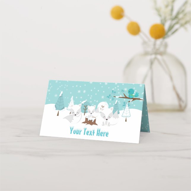 Tarjeta De Asiento Arctic Foxes Winter Wonderland Baby Shower (Anverso)