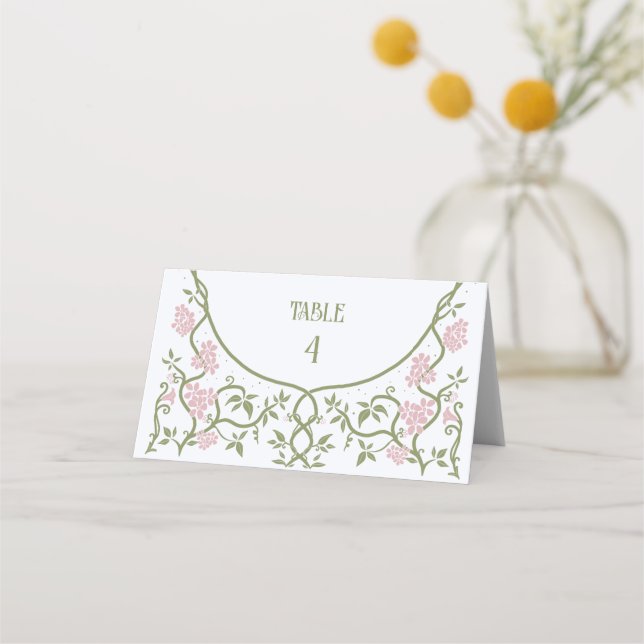 Tarjeta De Asiento Art Nouveau Floral Green y Boda Rosa (Anverso)
