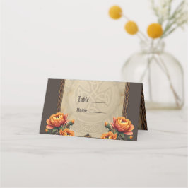 Tarjeta De Asiento Arte celta y esplendor floral en tonos cálidos.
