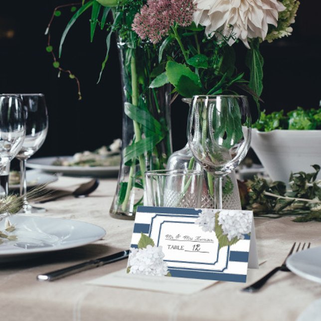 Tarjeta De Asiento Artes florales en azul y blanco a rayas Hydrangea (Subido por el creador)