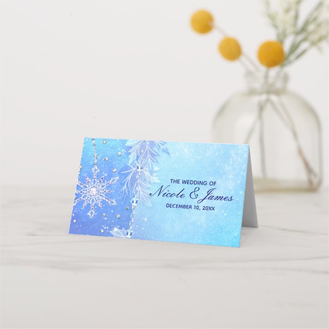 Tarjeta De Asiento Asiento de mesa Boda de hojas de invierno azules y (Anverso)