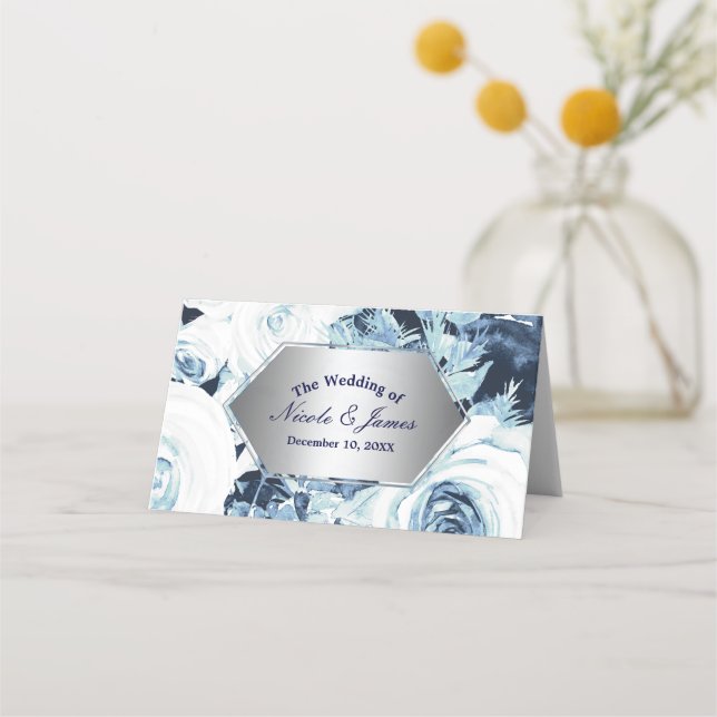Tarjeta De Asiento Asiento de mesa de casamiento de invierno Blue Whi (Anverso)