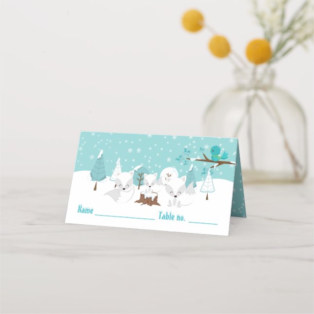 Tarjeta De Asiento Asientos Baby Shower de invierno de zorros árticos (Anverso)