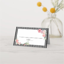 Asientos de boda florales a rayas negras chic
