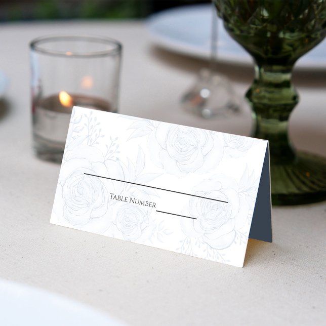 Tarjeta De Asiento Asientos de la recepción floral azul boda (Elegant floral blue place card with seep blue inside, with name and table number. )