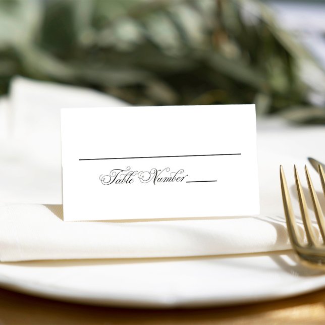 Tarjeta De Asiento Asientos de recepción de caligrafía elegante boda (Black and white calligraphy script table number card.)